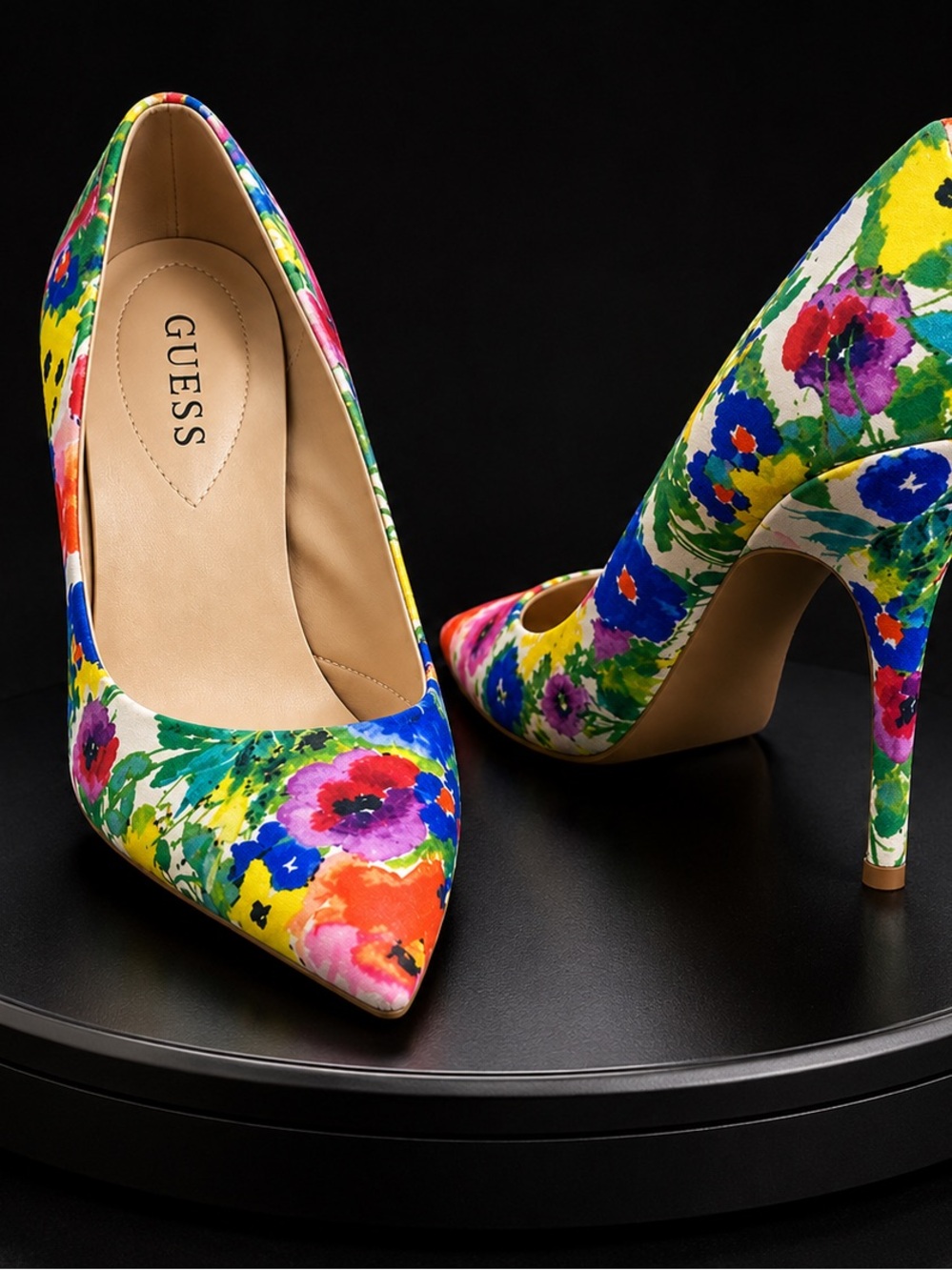 GUESS Ivory Floral Pointed-Toe Pumps with Multi-Color Blooms